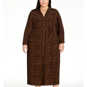Women's Time and Tru Midi shirt dress, long sleeve, Brown Leopard, XL